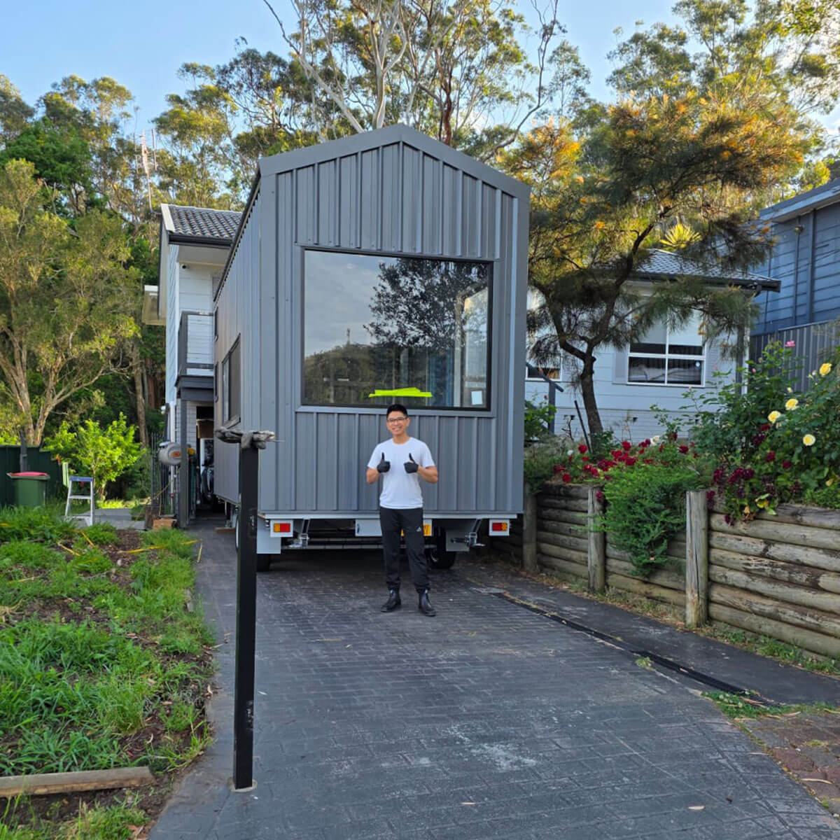 LJM Tiny Home delivered to Gosford NSW - Impossible done! Drawbar positioned under the deck.